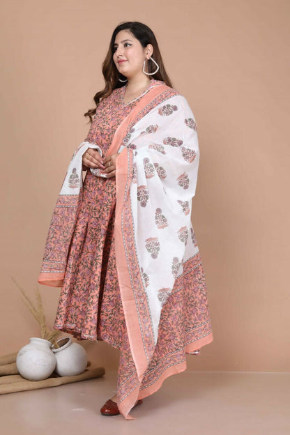 Miravan Women's Plus Size Surpassing Orange Partywear Floral Printed Anarkali Kurta Dupatta 