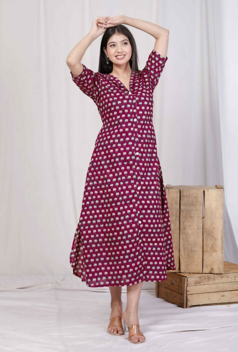 Miravan Women's Relaxed Fit Red Floral Printed A-Line Pure Cotton Midi Dress