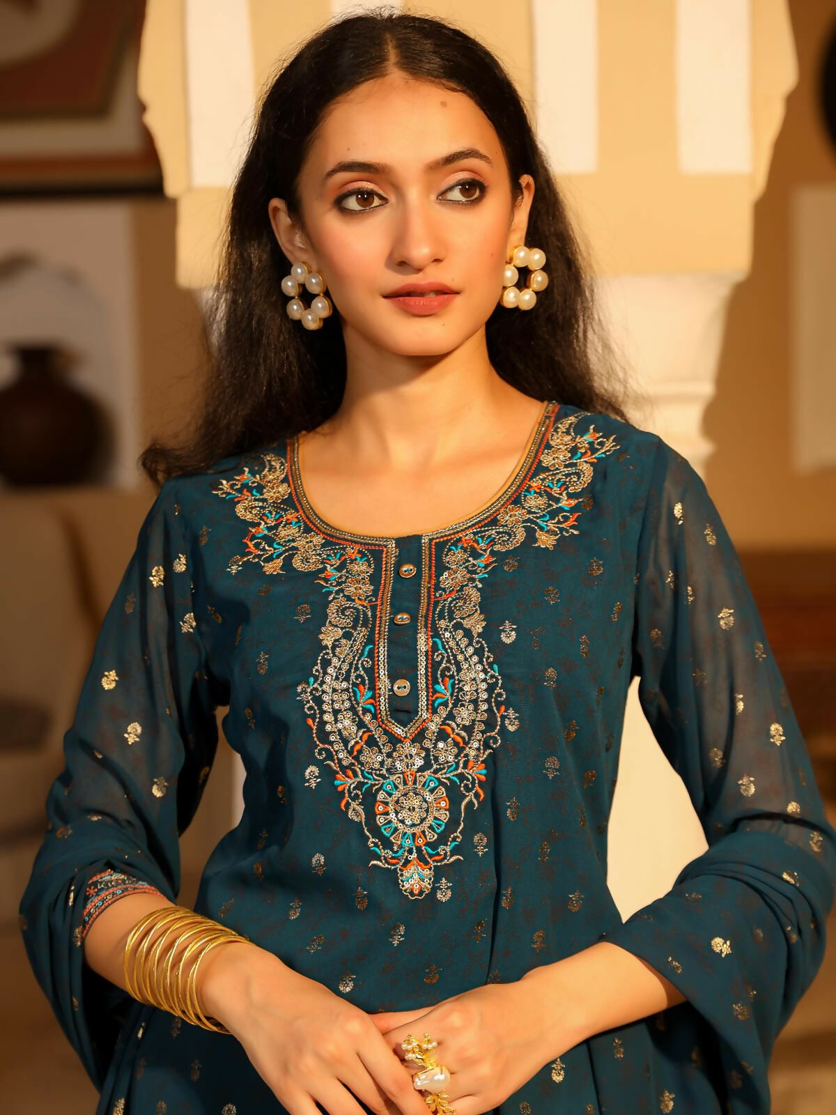 Juniper Women's The Swarn Teal Ethnic Motif Printed Georgette Kurta Pant And Dupatta With Sequins & Zari Work