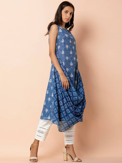 Indya Blue & White Printed A-Line Kurta