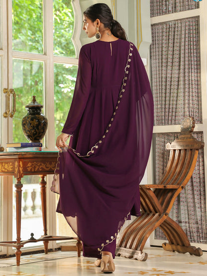 Janasya Purple Georgette Embroidered Kurta,Bottom & Dupatta