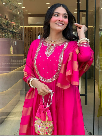 The52 Rani Women's Gorgeous Embroidered Work Chanderi Fabric Flared Kurta Pant and Dupatta Set