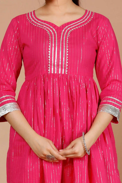 Miravan Women's Pink Printed A-Line Gotta Patti Lurex Cotton Kurti With Sharara