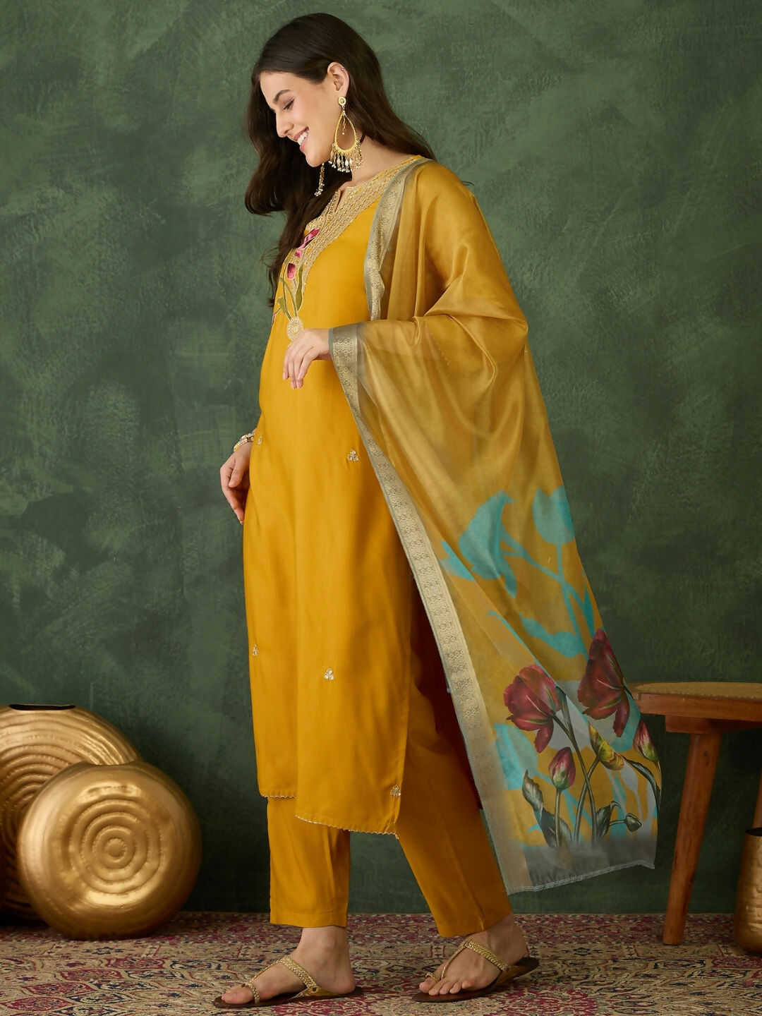 The52 Mustard Women's Beautiful Rayon Fabric Embroidered Work Straight Kurta, Pant and Dupatta Set