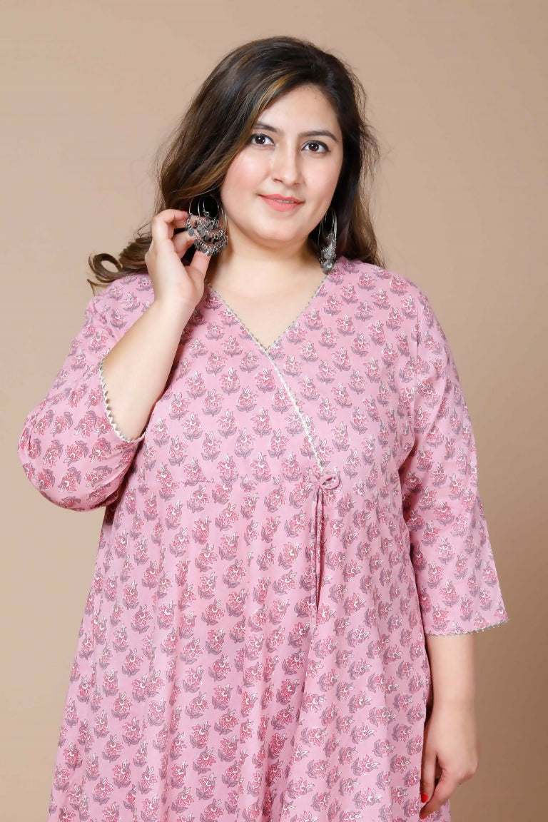 Miravan Women's Pink Plus Size Cotton Floral Print Long Anarkali Kurta
