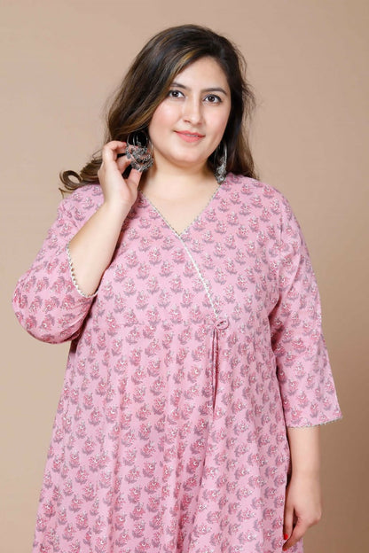 Miravan Women's Pink Plus Size Cotton Floral Print Long Anarkali Kurta