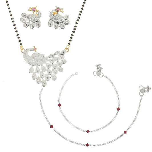 AanyaCentric Gold-Polished Mangalsutra Pendant Earring Set & Silver Plated Anklet