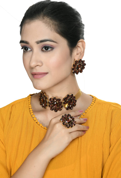 Mominos Fashion Joharkamal Gold-Polished Brass Finish Stone Choker For Women & Girls (Brown)