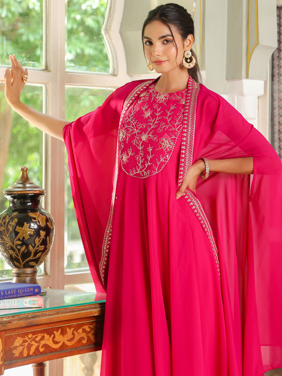 Janasya Pink Georgette Embroidered Dress & Cape