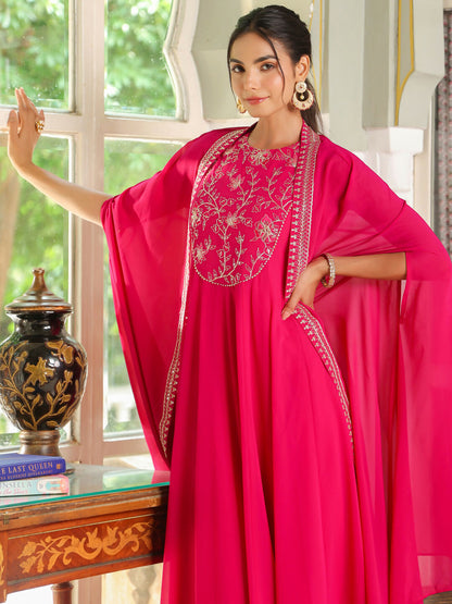 Janasya Pink Georgette Embroidered Dress & Cape