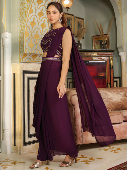 Janasya Purple Georgette Sequined Saree and Blouse