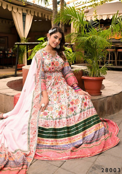 Wedding Designer Multi Soft Dola Silk Anarkali suit with Dupatta - Sanj