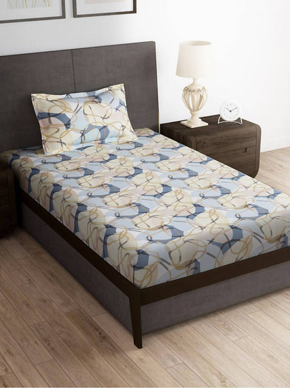 Story@home Arena Cream-Coloured & Grey Printed 180 TC Bedsheet & Pillow Covers
