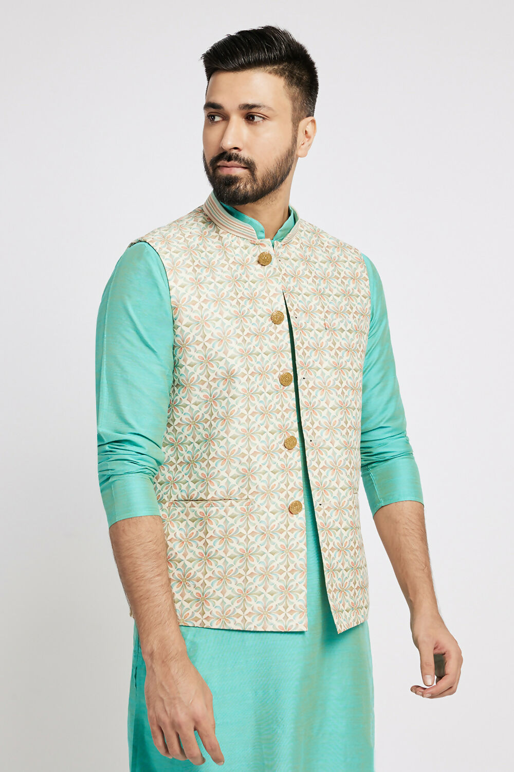 Ethnic India Light Blue Bundi Men's Jacket Abstract Polyester