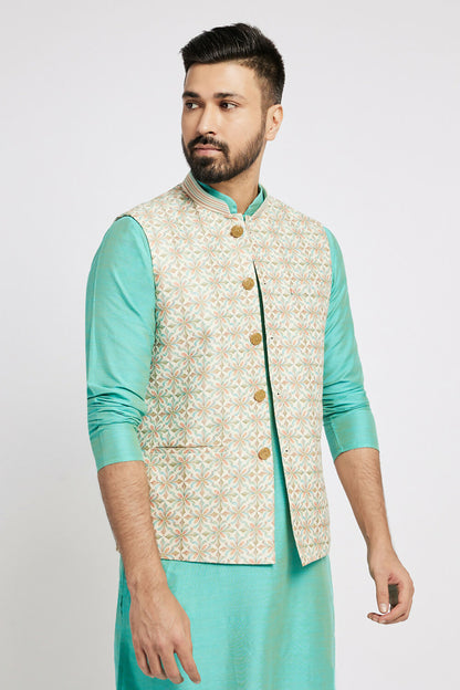 Ethnic India Light Blue Bundi Men's Jacket Abstract Polyester