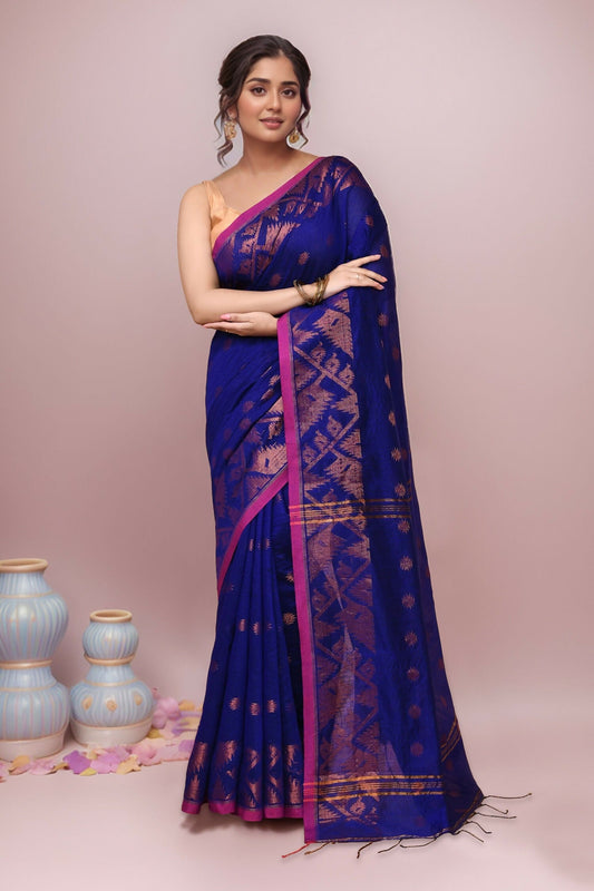 Joban Fashion Blue Cotton Blend Handloom Saree