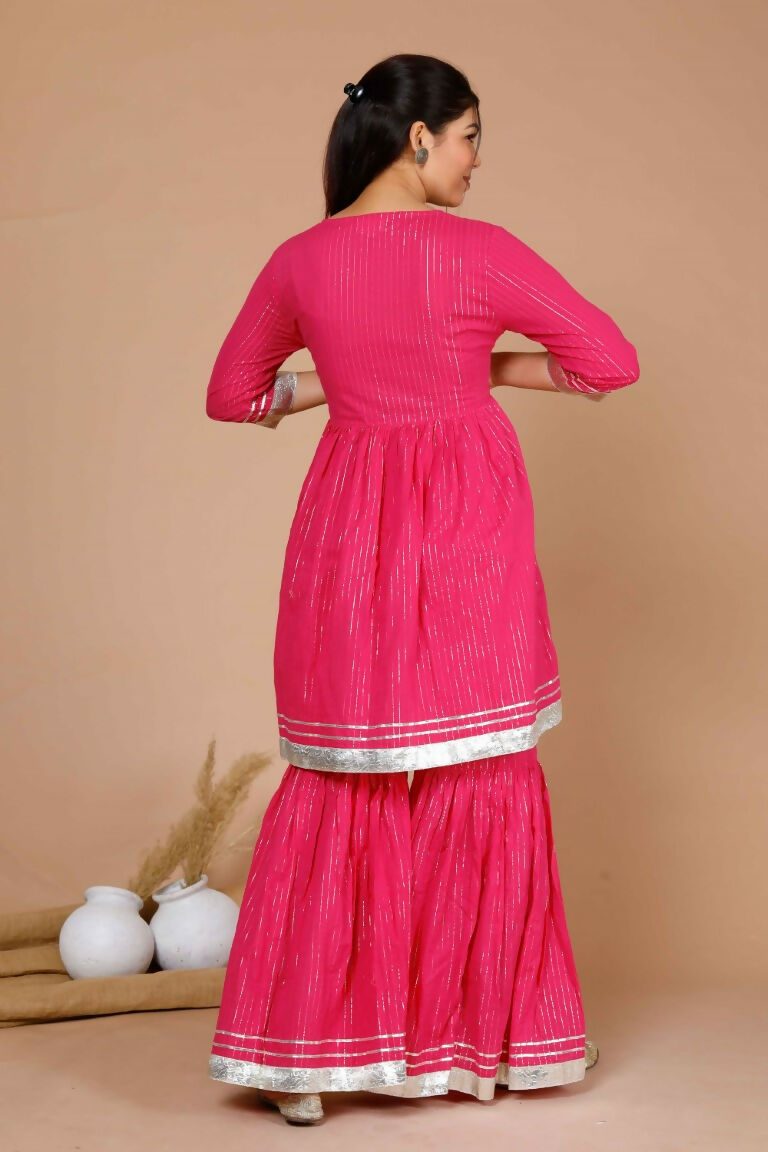 Miravan Women's Pink Printed A-Line Gotta Patti Lurex Cotton Kurti With Sharara