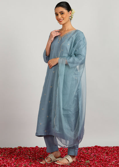 Aavyora Women's Sky Grey Embroidered Kurta Set with Dupatta