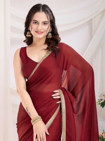 Maroon Rangoli Silk Solid, Lace Border Ready To Wear Saree - Kashvi