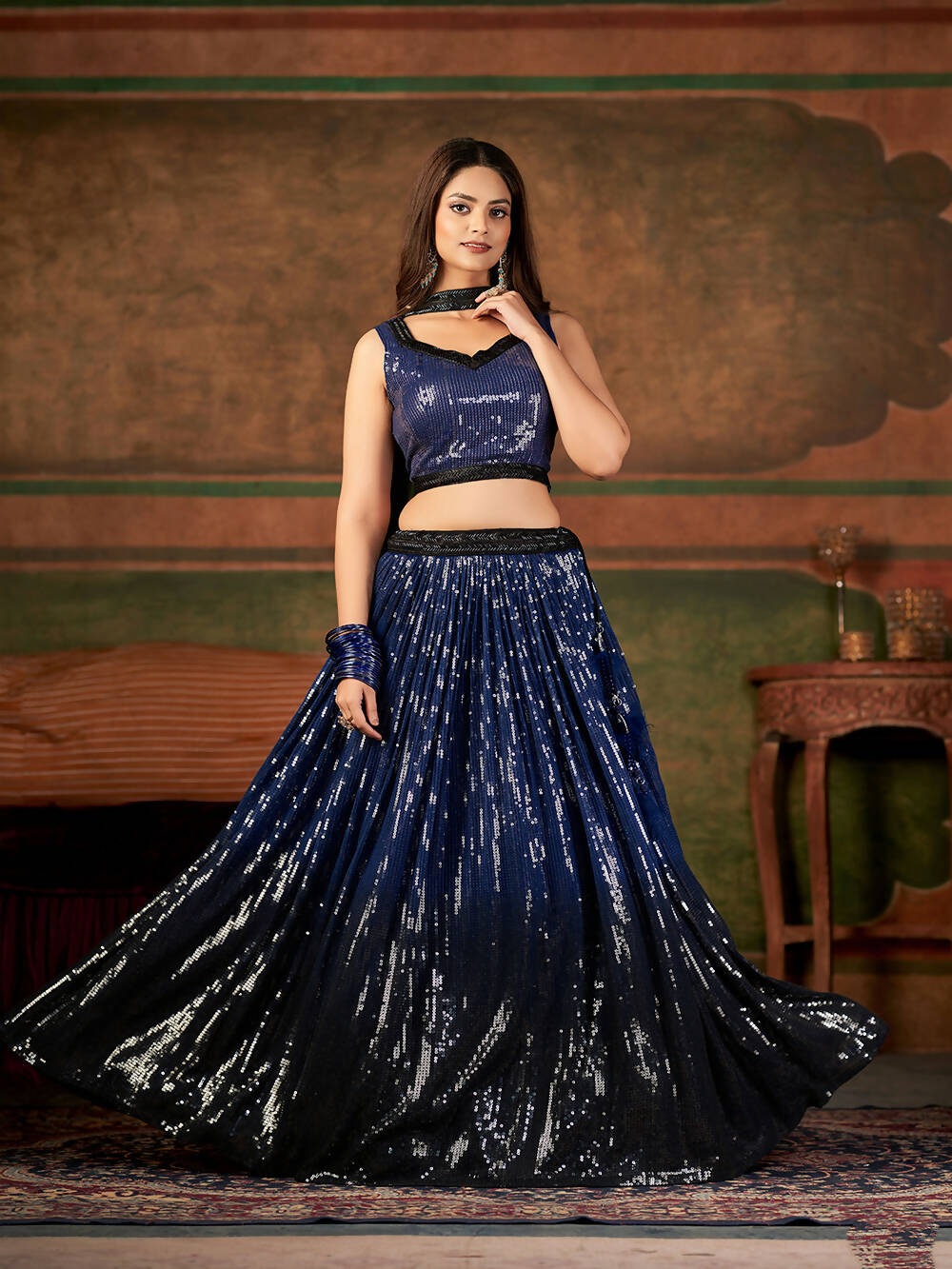 Wedding Designer Navy Blue Nylon Georgette Readymadelehenga Choli - Anbazaar