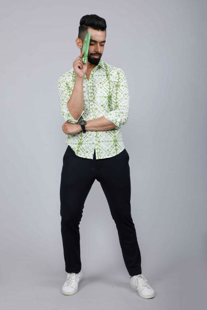 Miravan Men's Premium Green and White Slim Fit Tie Dye Cotton Shirt