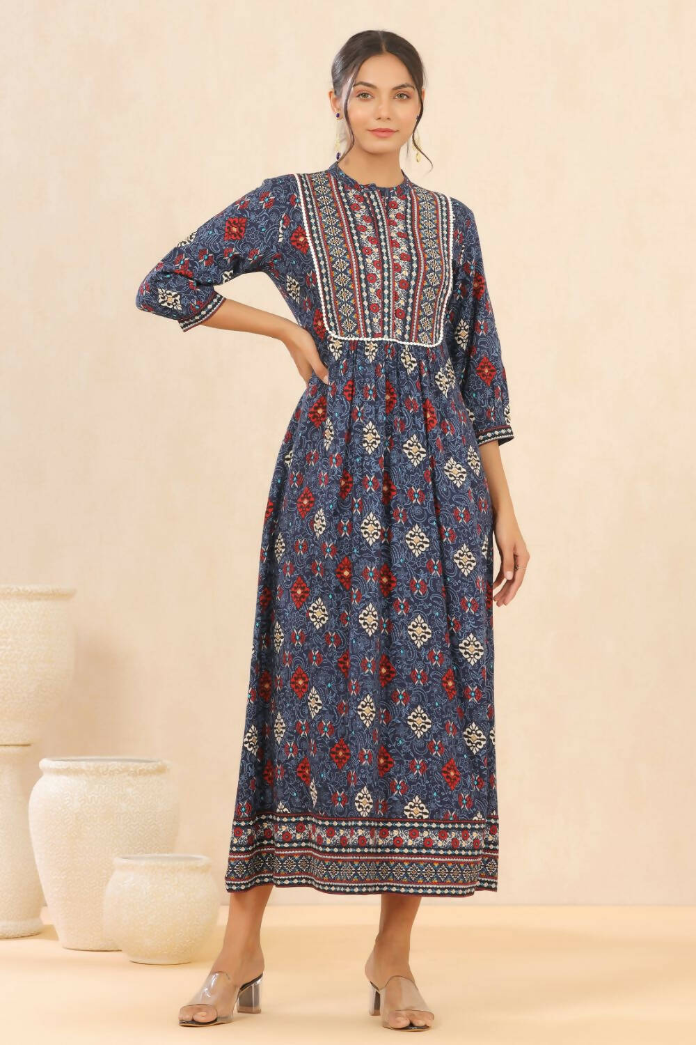 Juniper Womens Indigo Rayon Foil Printed Maxi Dress With Puff Sleeve