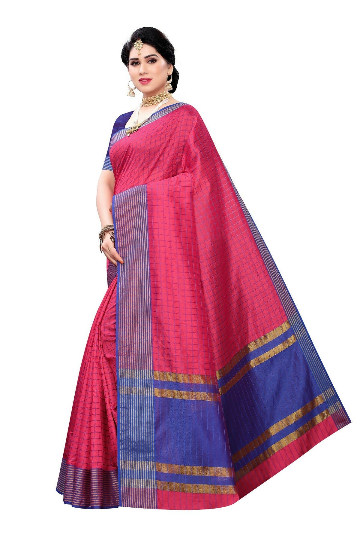 Vamika Pink and Blue Cotton Silk Weaving Saree (Manipuri Pink)