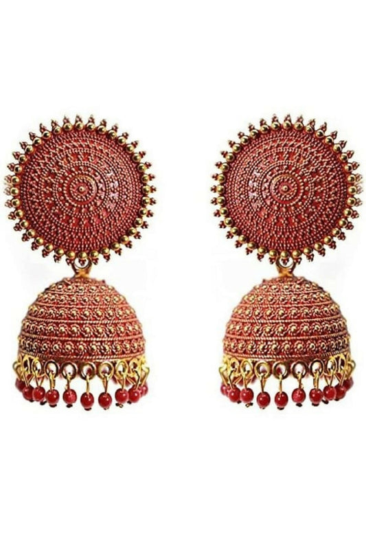 Mominos Fashion Joharkamal Gold-Polished Meenakari Jhumkas For Women & Girls (Red)