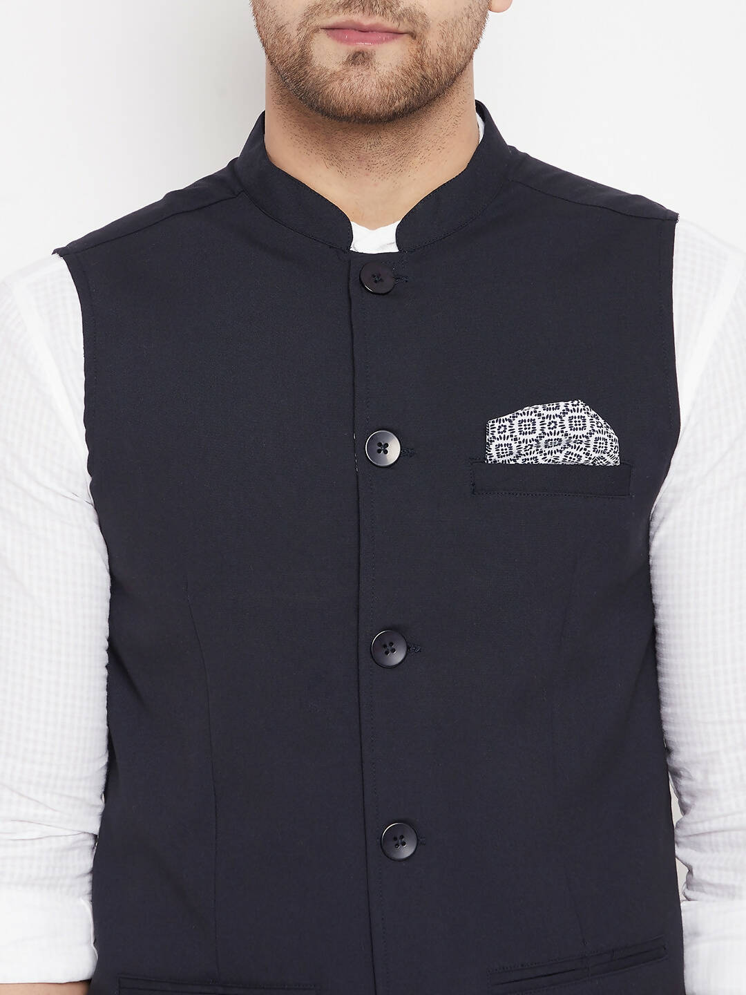 Even Apparels Navy Merino Men's Nehru Jacket-Contrast Lining-Inbuilt Pocket Square
