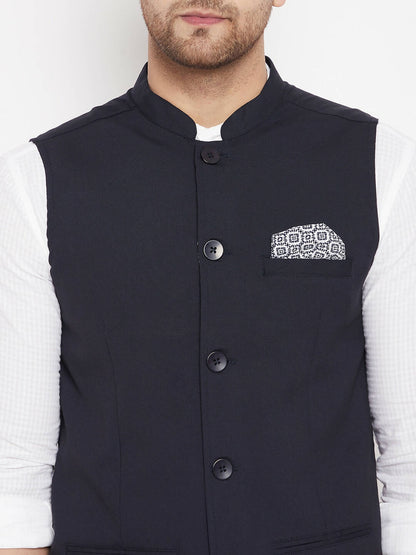 Even Apparels Navy Merino Men's Nehru Jacket-Contrast Lining-Inbuilt Pocket Square