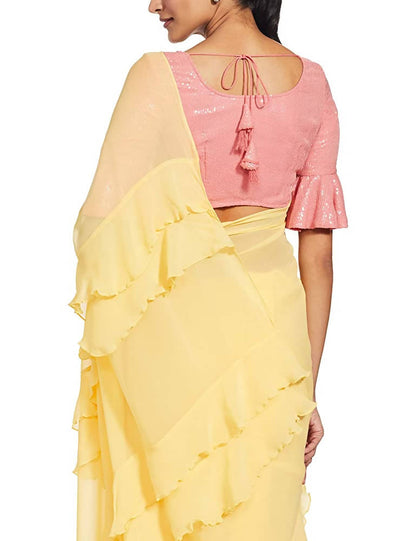 River Suneet Varma Designer Golden Haze Georgette Saree with Ruffle Detailing & Sequin Blouse Piece