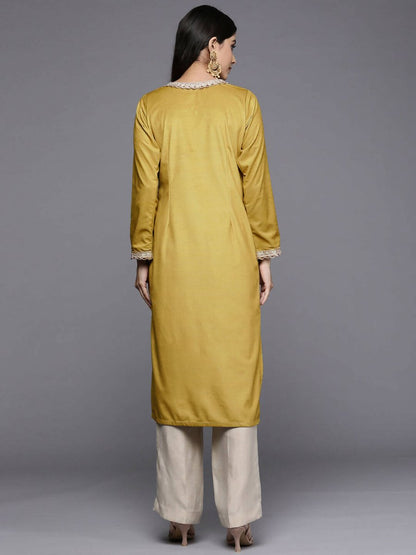 Ahalyaa Women Mustard Yellow & Golden Ethnic Motifs Yoke Design Velvet Kurta