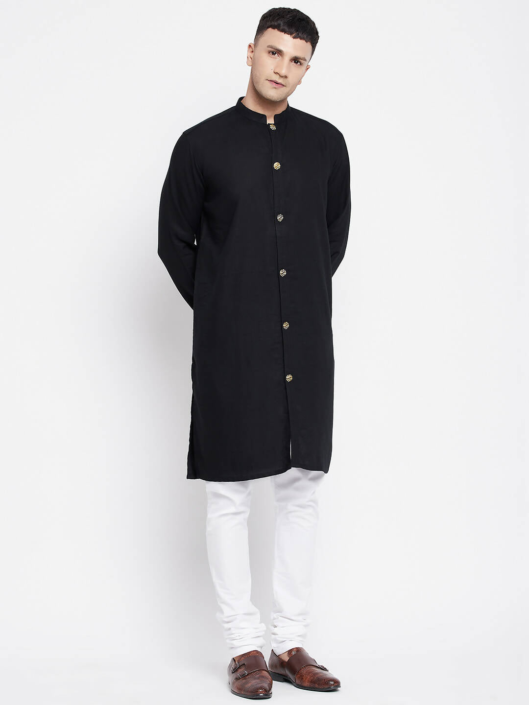 Even Apparels Black Pure Cotton Men's Sherwani Kurta With Open Front
