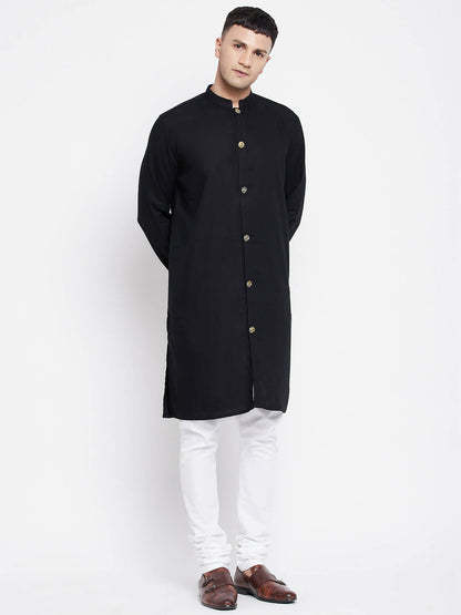 Even Apparels Black Pure Cotton Men's Sherwani Kurta With Open Front
