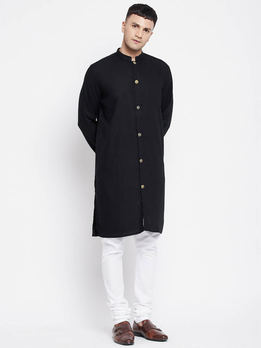 Even Apparels Black Pure Cotton Men's Sherwani Kurta With Open Front