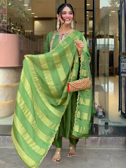 The52 Light Green Women's Gorgeous Embroidered Work Chanderi Fabric Flared Kurta Pant and Dupatta Set