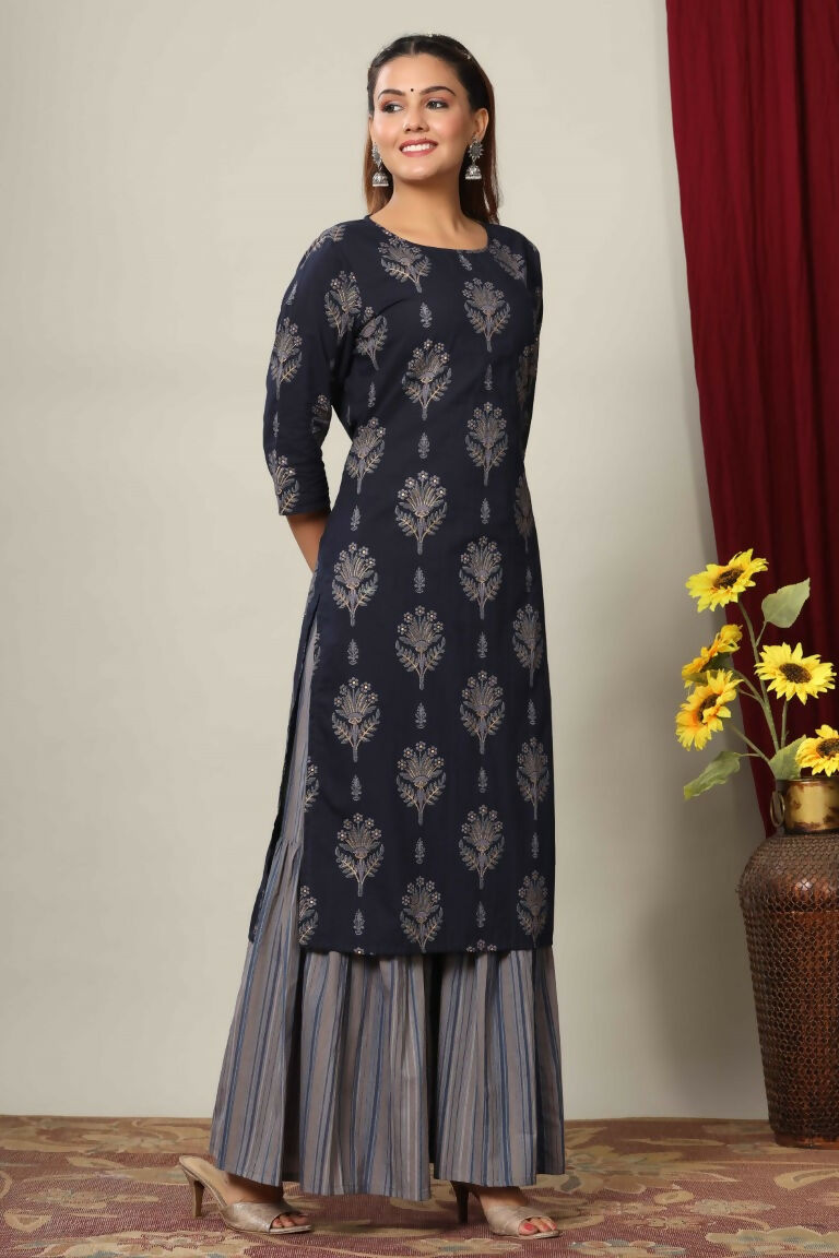 Miravan Women's Blue & Grey Printed Pure Cotton Kurta With Sharara