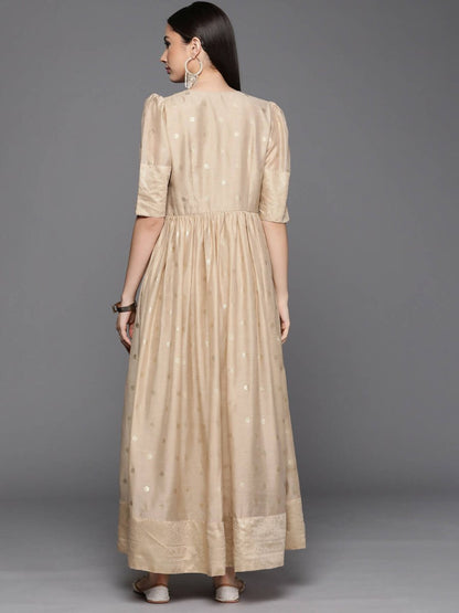 Ahalyaa Women's Beige Chanderi Gold Foil Print Dress