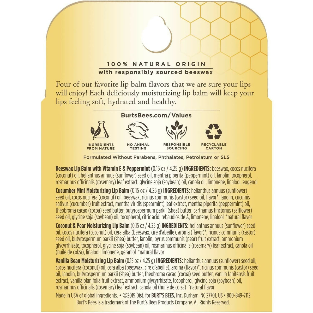 Burt's Bees Natural Moisturizing Lip Balms (Beeswax, Cucumber Mint, Coconut & Pear, Vanilla Bean)