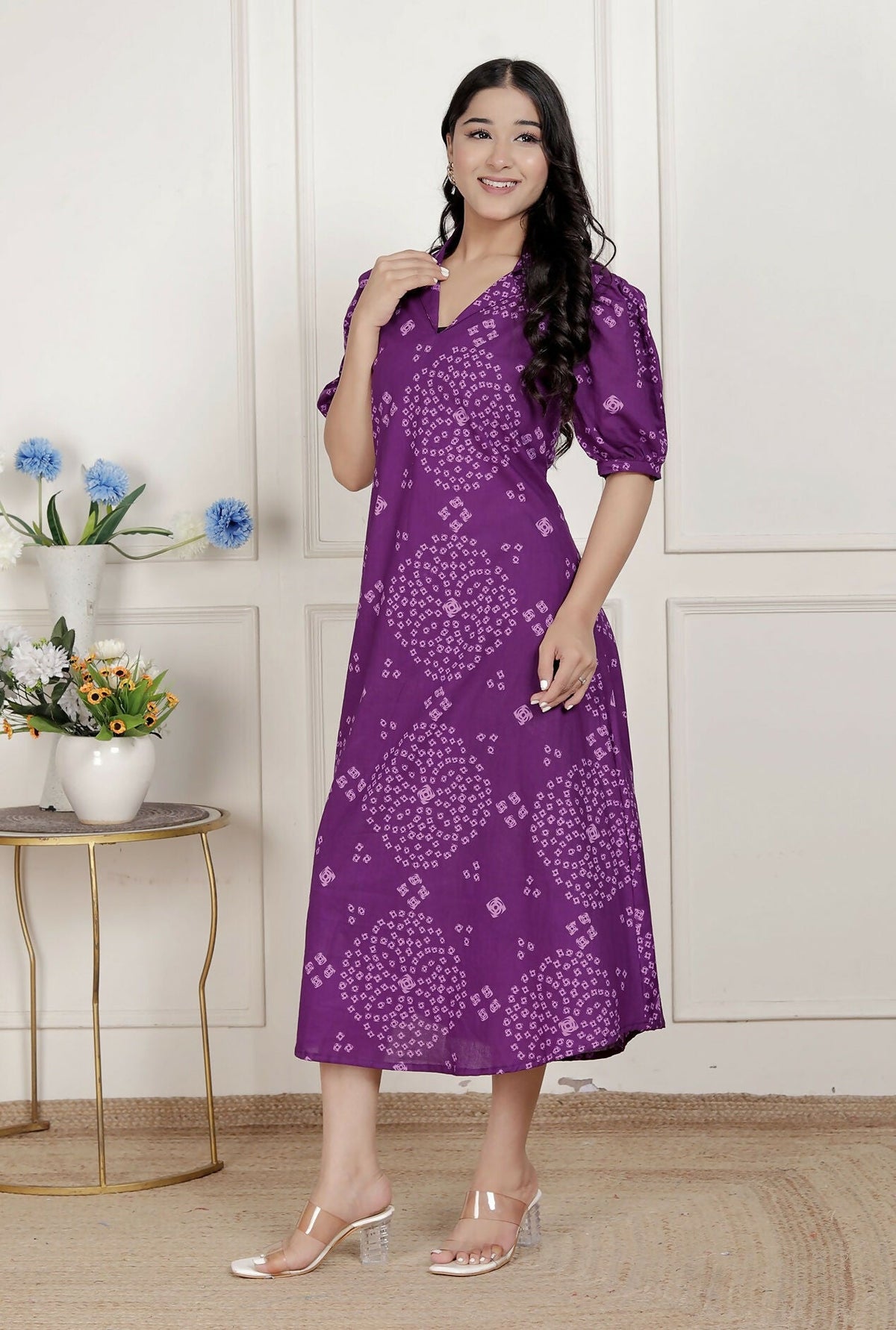 Miravan Womens Purple Bandhani Printed A-Line Maxi Dress