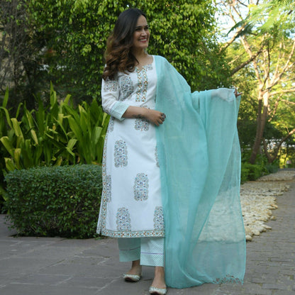 Vamika Poly Rayon Printed White & Sea Green Party Wear/Casual Wear/Office Wear Kurta Set/Suit