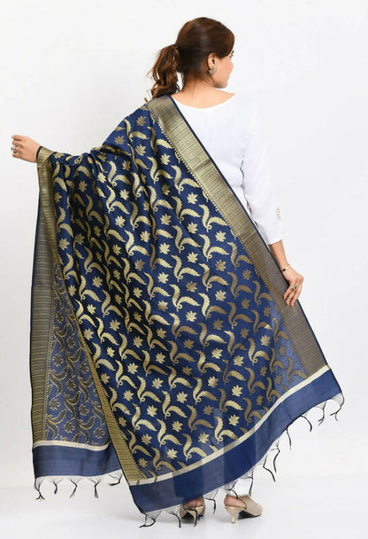 Mominos Fashion Moeza Women's Banarsi Silk Floral Woven Design Navy Blue Dupatta