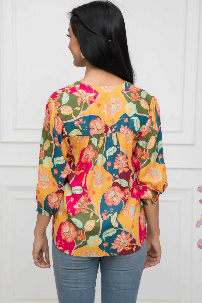 Myshka Women Multi Floral Mandarin Collar Regular Sleeves Viscose Rayon Top