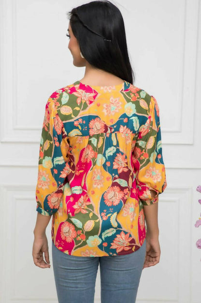 Myshka Women Multi Floral Mandarin Collar Regular Sleeves Viscose Rayon Top