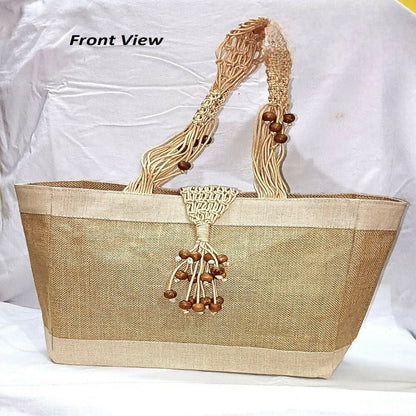 Jute Ladies Fashion Bag with Wooden Beads