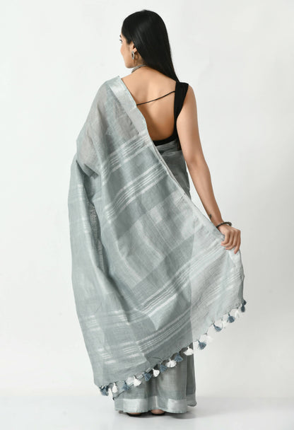 Mominos Fashion Moeza Gray Bhagalpuri Handloom Silk Linen Saree with unstitched Blouse piece