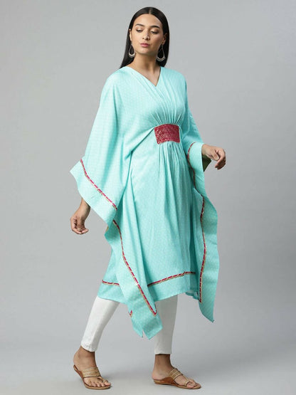Ahalyaa Womens Blue Rayon Printed Kaftan