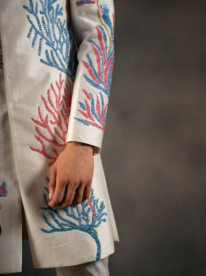Off White Aqua Hand Embroideried Indowestern Sherwani by Hilo Design