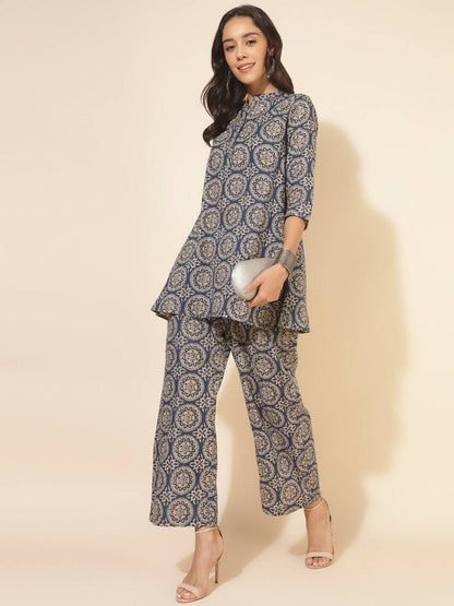 Janasya Women's Blue Cotton Ethnic Motifs Casual Regular Co-ords