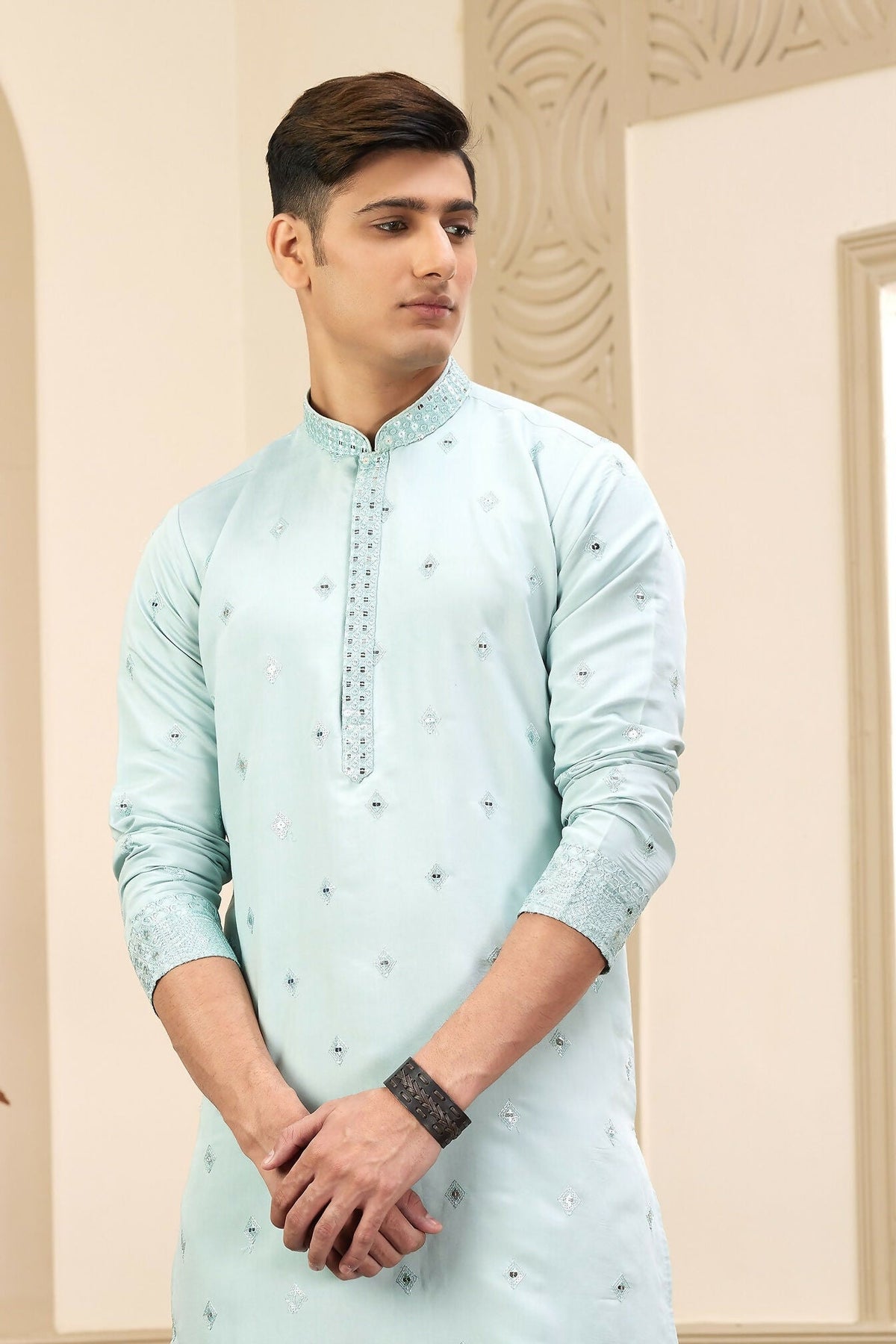 Raivat Ethnic Men's Art Silk Thread Work Kurta Pyjama In Pista Green Colour